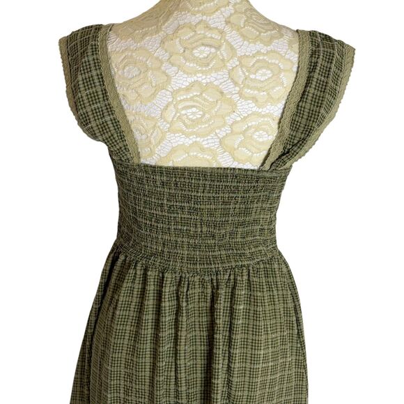 Cider Smocked Midi Dress Fit Flare Tiered Lace Square Neck Plaid Green S - Picture 9 of 12